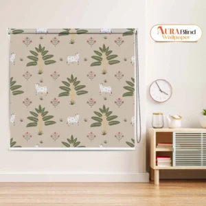 Beige Botanical Pattern Cow and Palm Design Pichwai Roller Blind