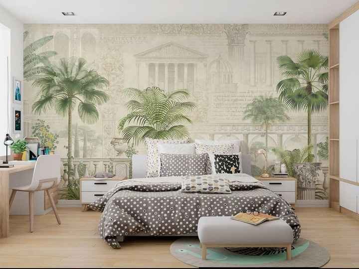 Classical Art and Tropical Garden Mural Wallpaperr with tropical palm trees and classical sketches behind a modern bedroom setup
