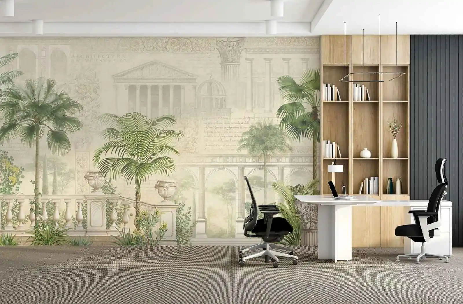 Classical Art and Tropical Garden Mural Wallpaperr with tropical palm trees and classical sketches behind a modern bedroom setup