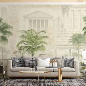 Classical Art and Tropical Garden Mural Wallpaperr with tropical palm trees and classical sketches behind a modern bedroom setup