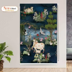 Divine Forest Harmony Cow and Calf Pichwai Roller Blind