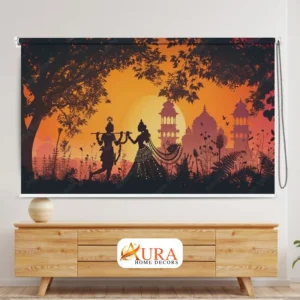 Divine Romantic Radha Krishna Sunset Silhouette Roller Blind for Pooja Room