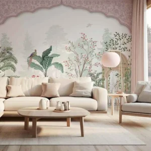 Elegant Nature Oasis Botanical Garden Theme Mural Wallpaper with exotic birds, greenery, flowering trees, and a soft arch design in a modern living room