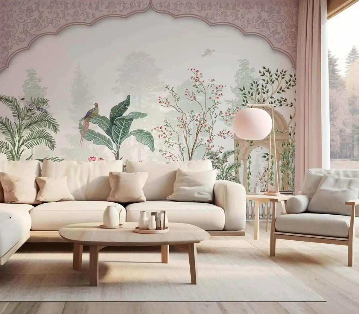 Elegant Nature Oasis Botanical Garden Theme Mural Wallpaper with exotic birds, greenery, flowering trees, and a soft arch design in a modern living room