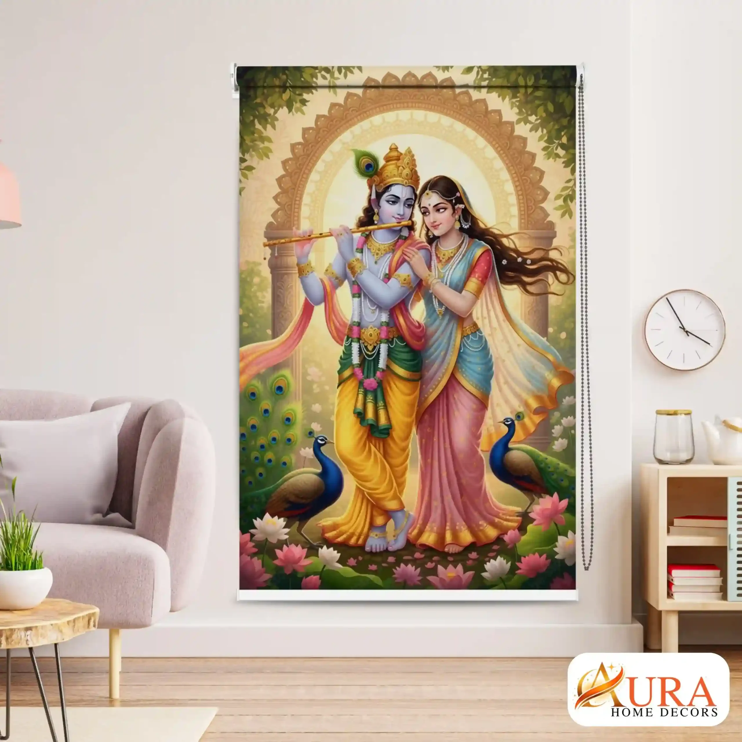Krishna and Radha Floral Roller Blind for Pooja Room with Peacocks and Lotus Artwork
