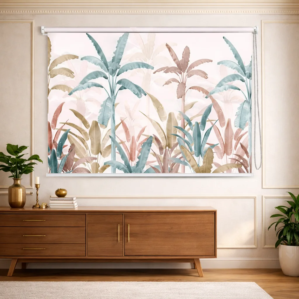 Pastel Tropical Palm Leaves Designer Roller Blind 1 Pastel Tropical Palm Leaves Designer Motorized Roller Blind for Window