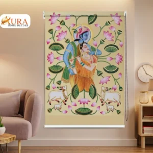 Home Decor Items Online at Best Price in India 42 Pooja Room Roller Blind with Krishna and Radha artwork and Lotus Floral Design