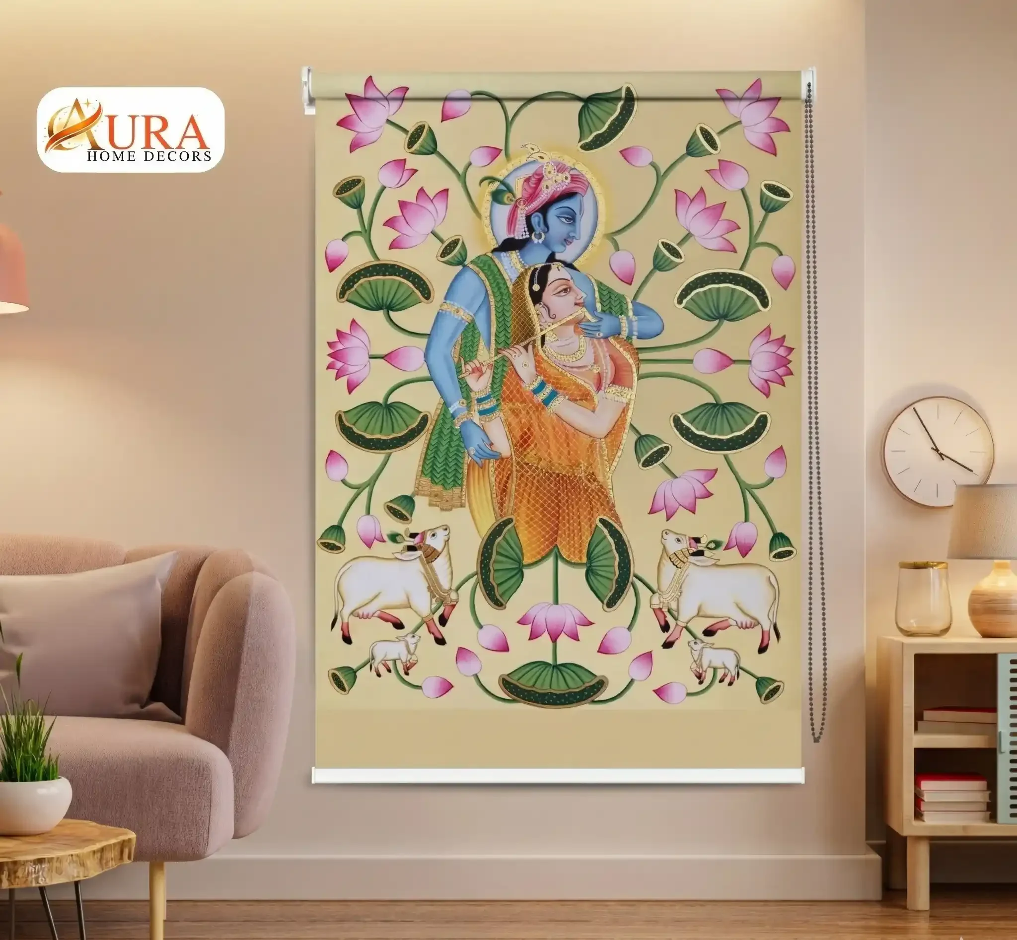 Pooja Room Roller Blind with Krishna and Radha artwork and Lotus Floral Design 1 Pooja Room Roller Blind with Krishna and Radha artwork and Lotus Floral Design