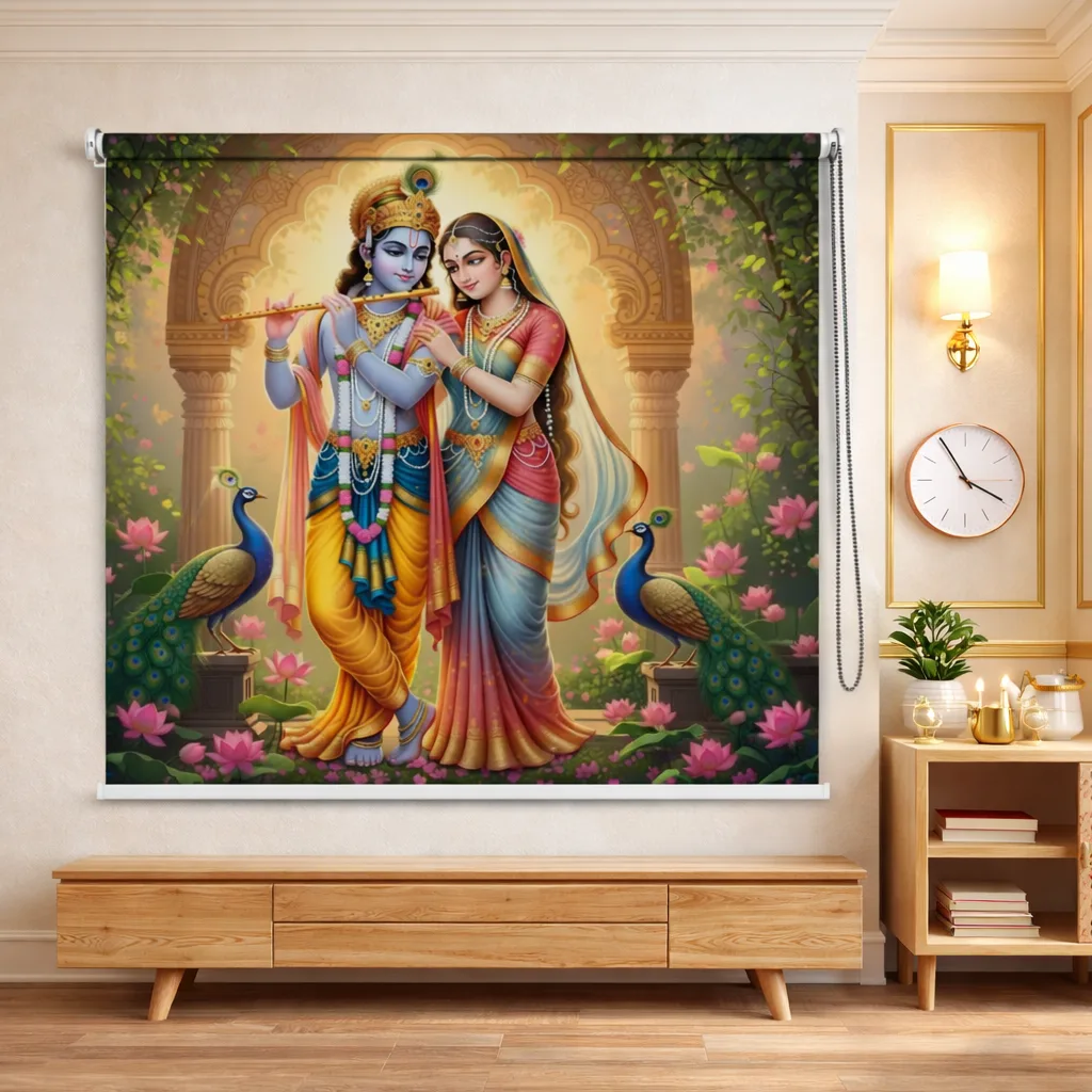 Radha Krishna Divine Harmony Temple Roller Blind with Peacock & Lotus Artwork