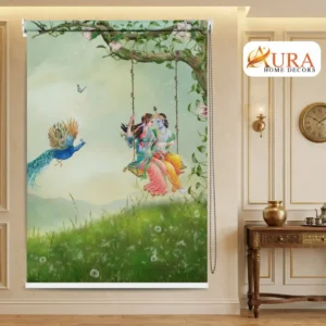 Radha Krishna Romantic Swing Under Blossoming Tree Roller Blind with peacock and floral background