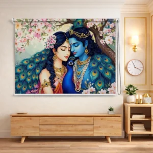 Radha and Krishna Mandir Roller Blind with peacocks and lotus flowers