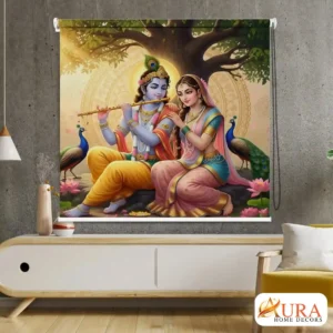 Romantic Spiritual Temple Roller Blind featuring Krishna and Radha sitting under a tree with peacocks and lotus flowers