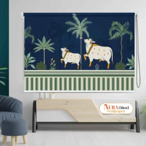Royal Blue Cow and Palm Tree Designer Pichwai Roller Blind
