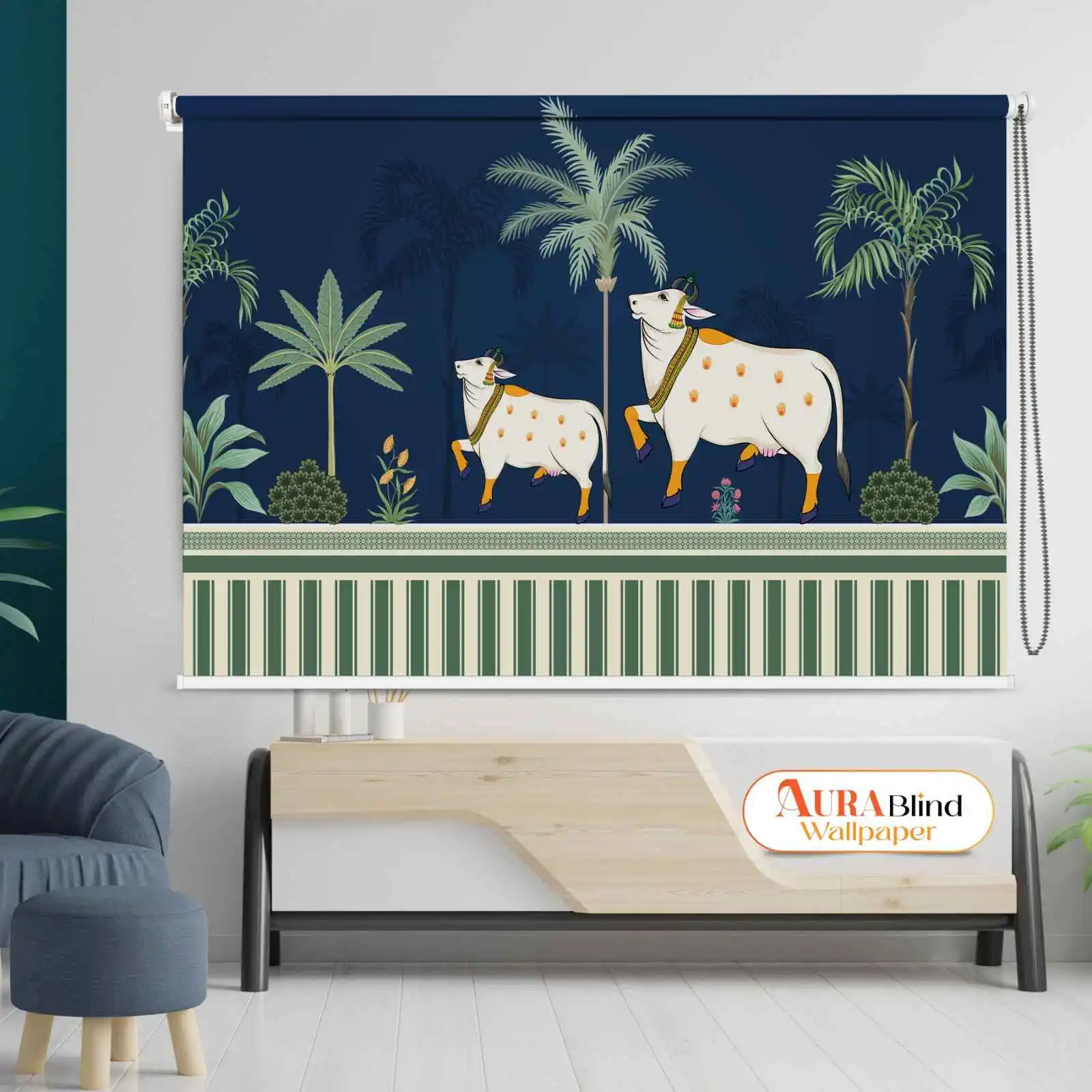 Royal Blue Cow and Palm Tree Designer Pichwai Roller Blind