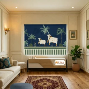 Home Decor Items Online at Best Price in India 46 Royal Blue Cow and Palm Tree Designer Pichwai Roller Blind