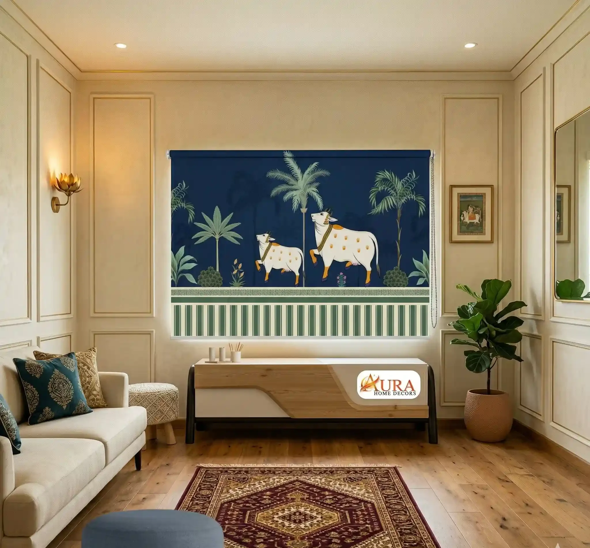 Royal Blue Cow and Palm Tree Designer Pichwai Roller Blind 1 Royal Blue Cow and Palm Tree Designer Pichwai Roller Blind