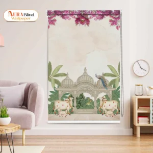 Royal Pichwai Temple Garden Cow Roller Blind featuring cows, calves, temple arch design, banana leaves, peacock, and floral artwork