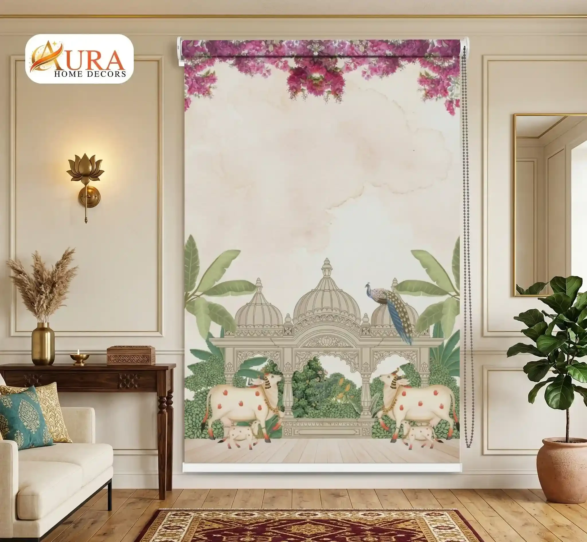 Royal Pichwai Temple Garden Cow Roller Blind 1 Royal Pichwai Temple Garden Cow Roller Blind