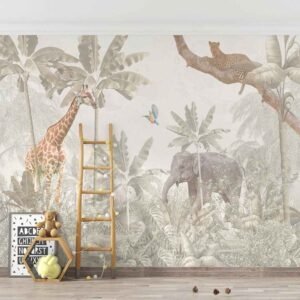 Safari Jungle Animals Wallpaper with giraffe, elephant, leopard, tropical plants, and birds in a kids’ room
