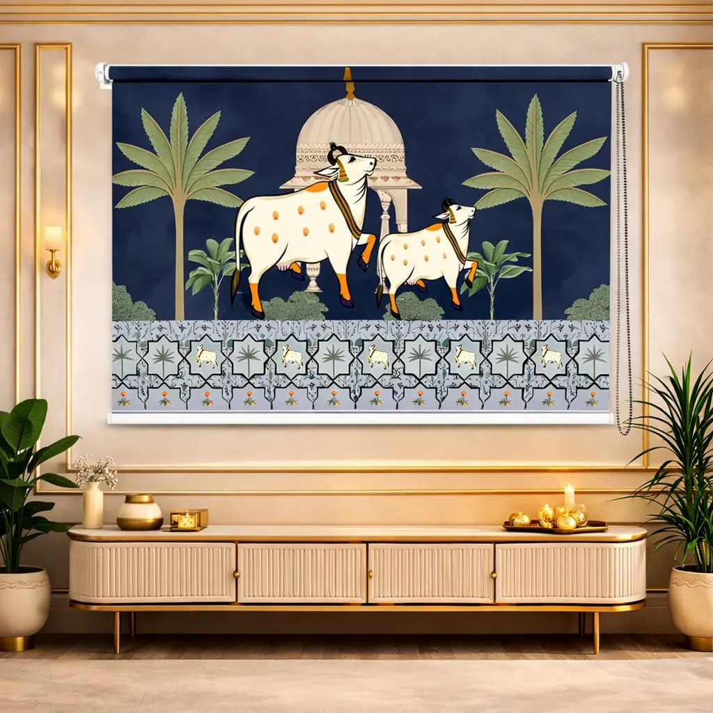 Traditional Indian Pichwai Cow Motif Roller Blind 1 Traditional Indian Pichwai Cow Motif Roller Blind for Window