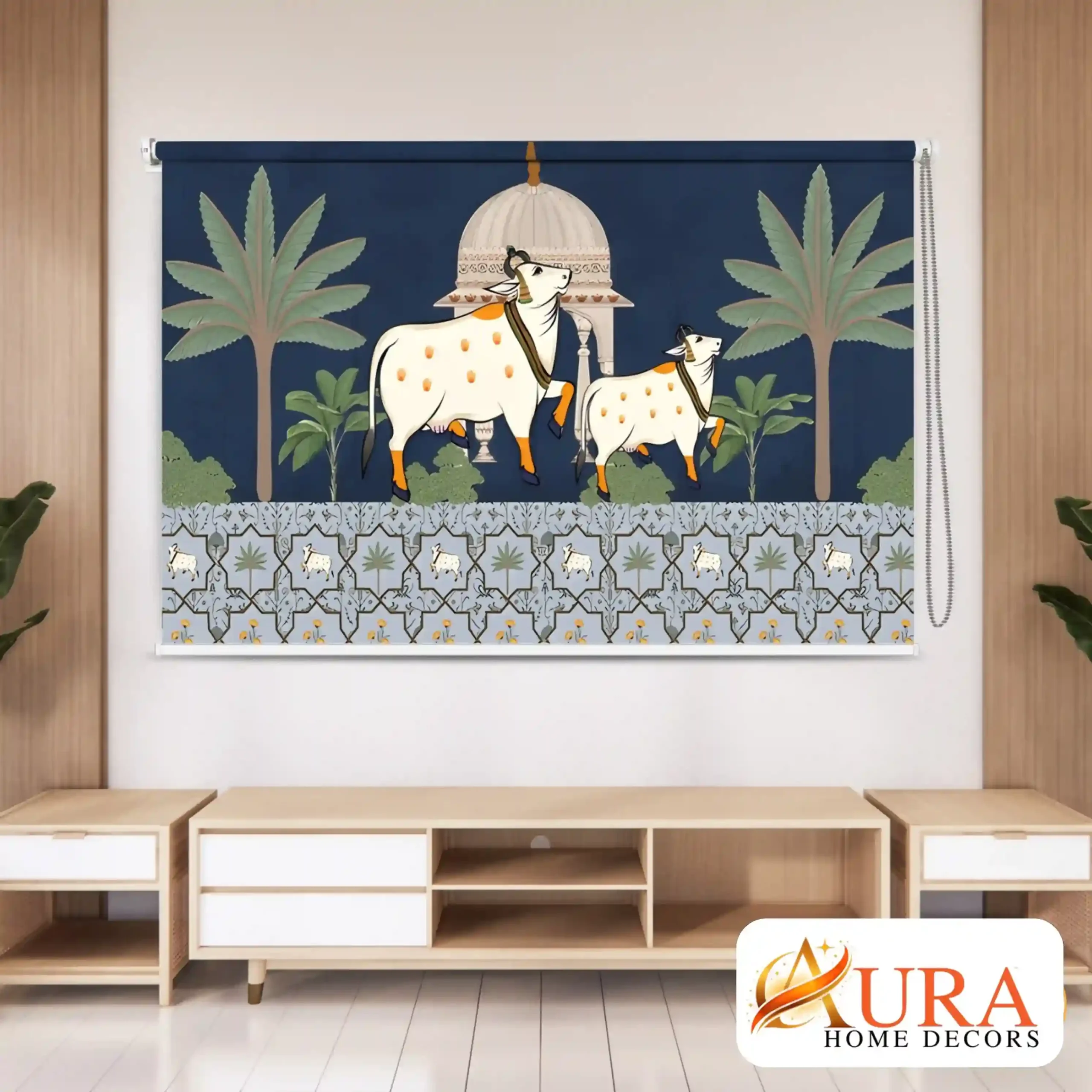 Traditional Indian Pichwai Cow Motif Roller Blind for Window