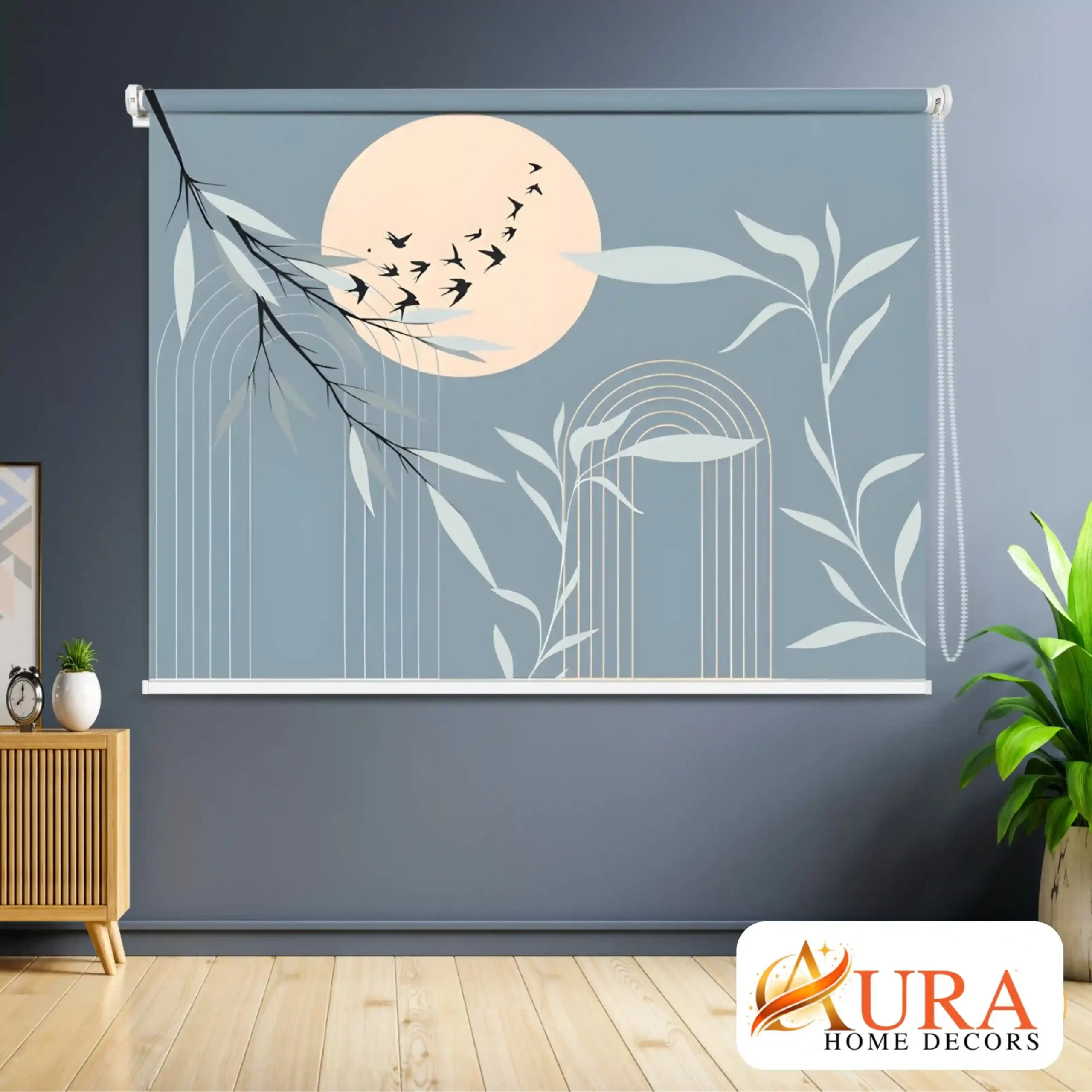 Trending Abstract Nature Roller Blind with Sun and Bird Design