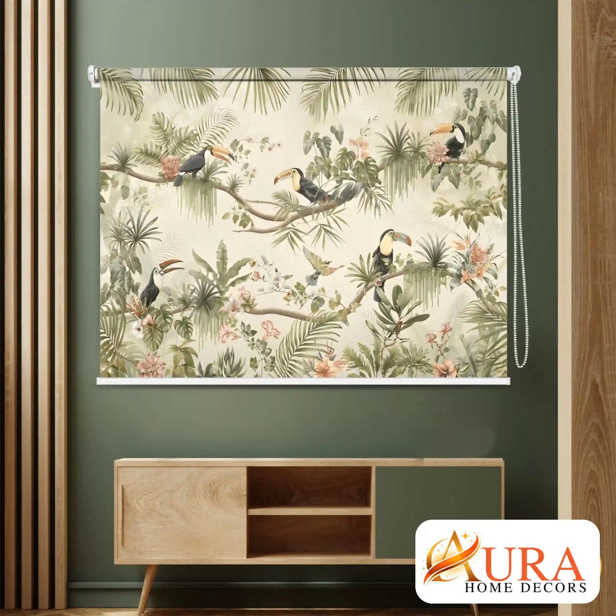 Tropical Toucan Garden Roller Blind for Window with Botanical Bird and Floral Design