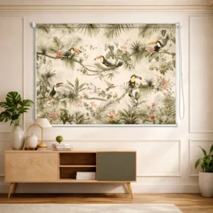 Tropical Toucan Garden Roller Blind with Botanical Bird and Floral Designs