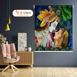 Vibrant Spiritual Radha Krishna Divine Love Roller Blind for Temple or Pooja Room featuring divine couple illustration with vibrant background, decorative peacock feathers, and spiritual home décor