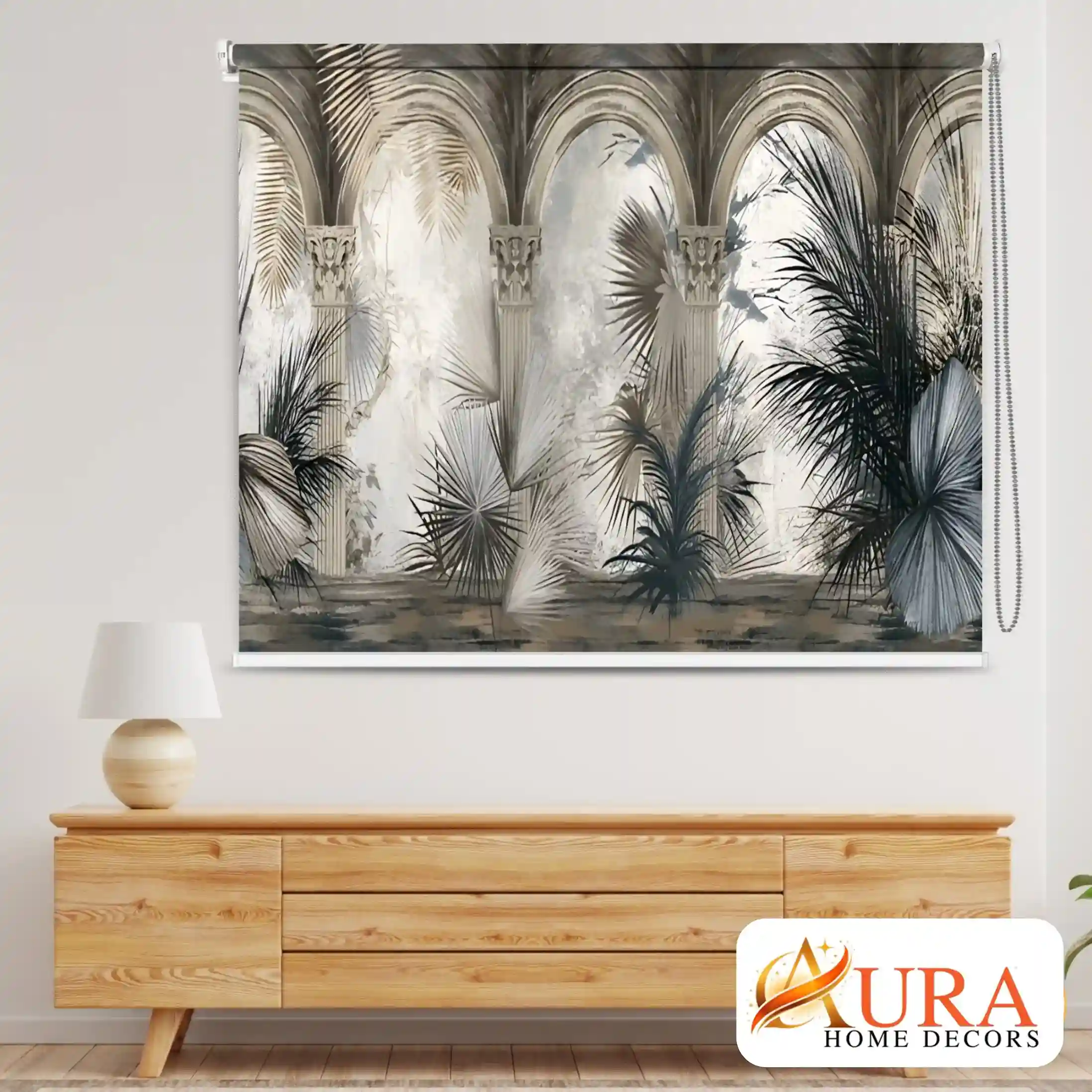 Vintage Botanical Archway Roller Window Blind with Tropical Archway Architecture and Botanical Design