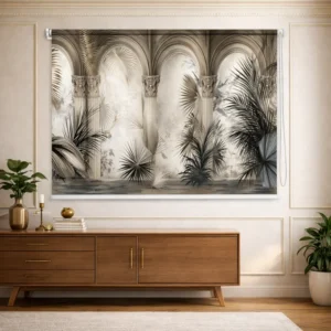 Vintage Botanical Archway Roller Window Blind with Tropical Archway Architecture and Botanical Design