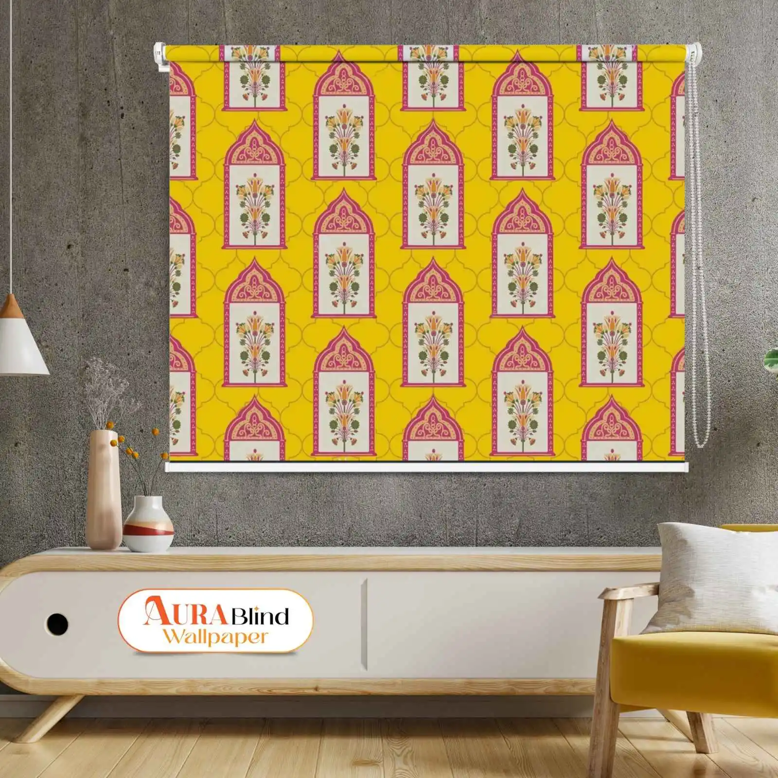 Yellow Mughal Floral Arch Pattern Roller Blind