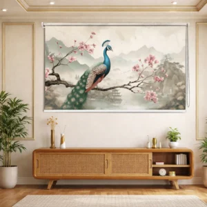 Artistic Serene Peacock Blossom Landscape Designer Roller Blind