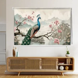 Artistic Serene Peacock Blossom Landscape Designer Roller Blind