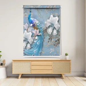 Blue Peacock & White Magnolia Luxury Art Roller Blind
