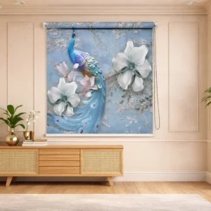 Blue Peacock & White Magnolia Luxury Art Roller Blind