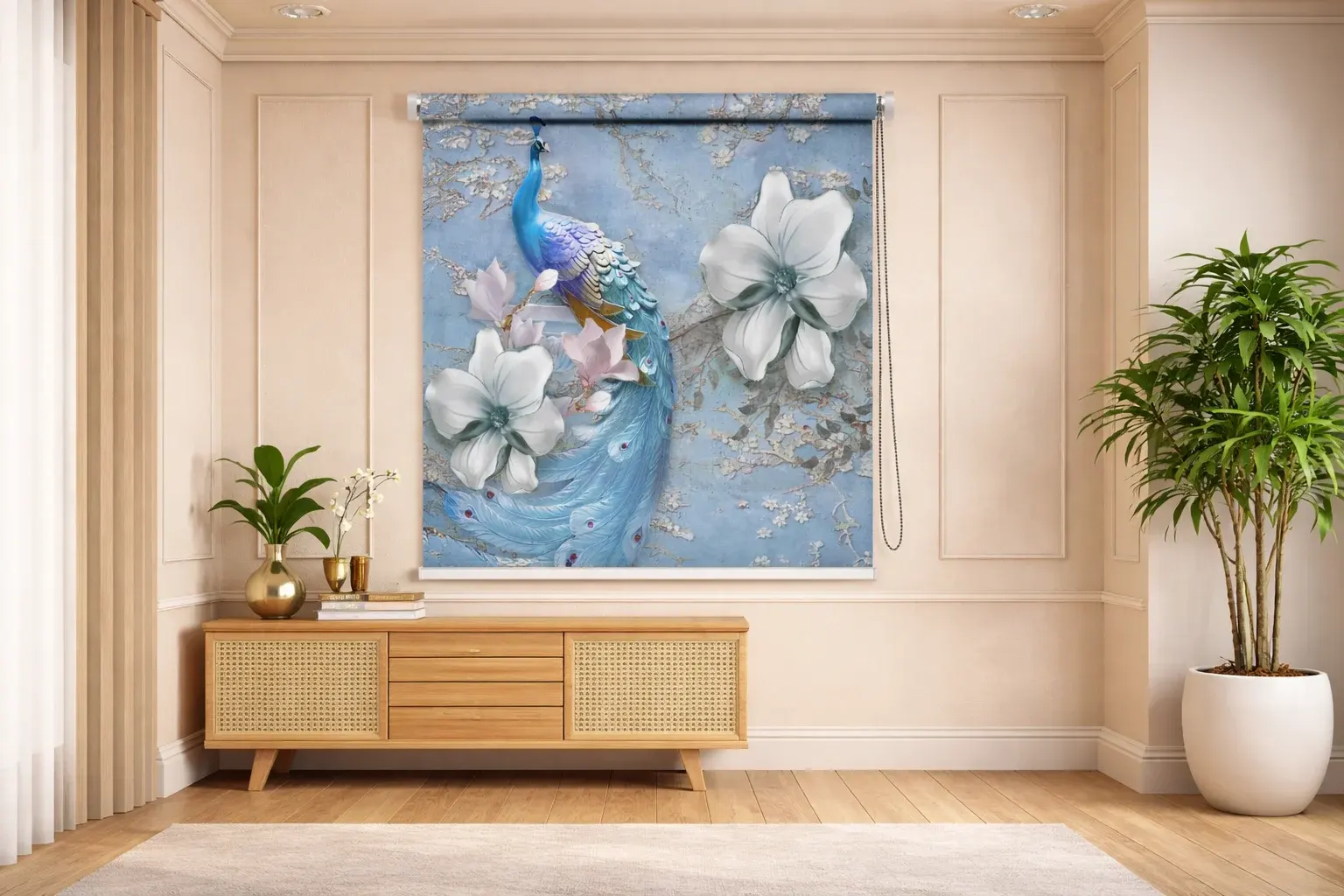 Blue Peacock & White Magnolia Luxury Art Roller Blinds 1 Blue Peacock & White Magnolia Luxury Art Roller Blind