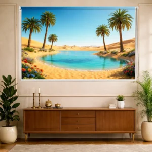 Desert Oasis Window Roller Blind with Palm Trees and Blue Water
