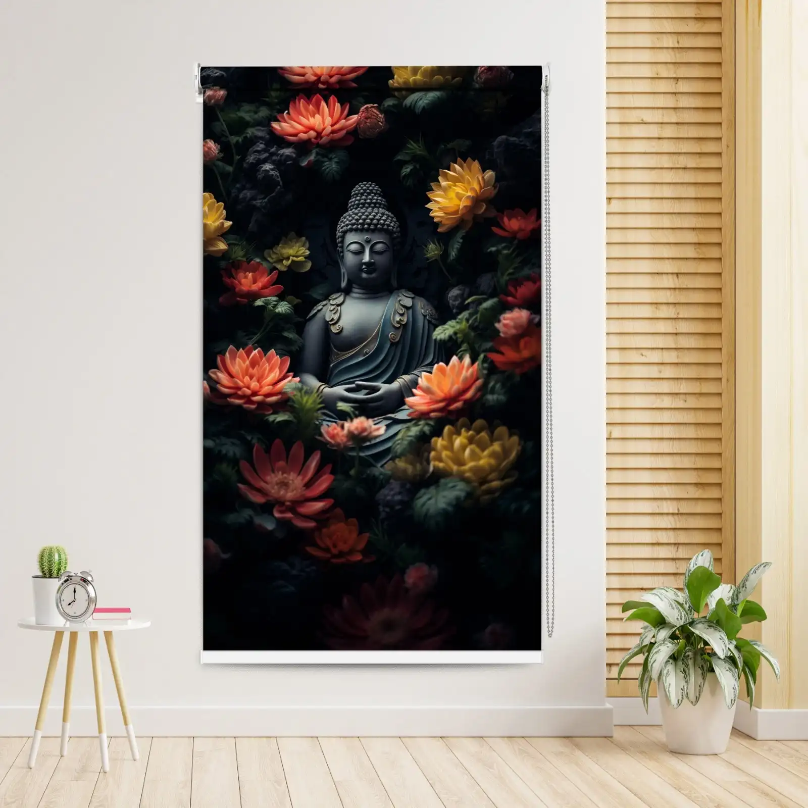 Divine Buddha Lotus floral Garden Roller Blind with lotus flowers, spiritual floral artwork window blind for a prayer and meditation room