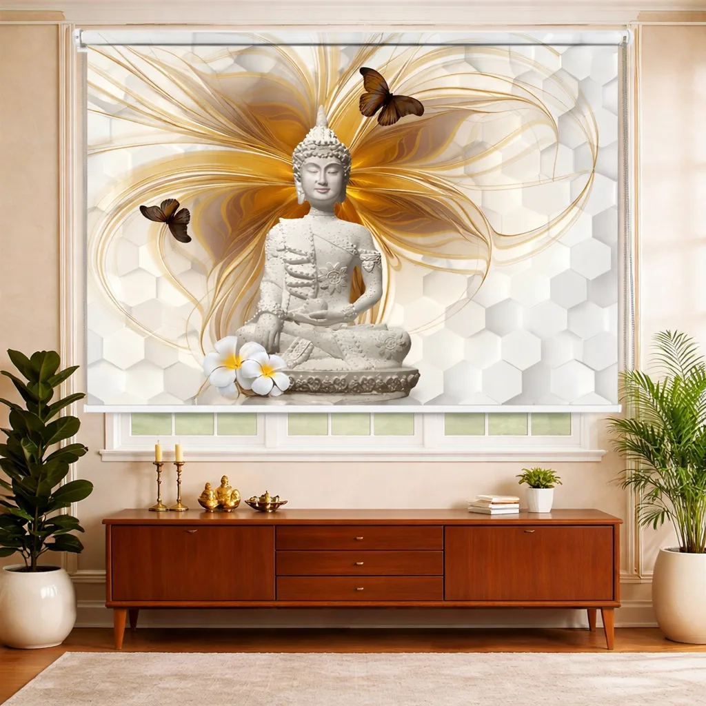 Divine Harmony White & Gold Buddha Roller Blind with Abstract Flow and Butterfly Accents 1 Divine Harmony White & Gold Buddha Roller Blind with Abstract Flow and Butterfly Accents