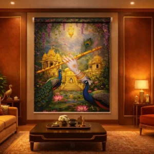 Divine Krishna Flute Palace Garden Design Roller Blind for Puja Room
