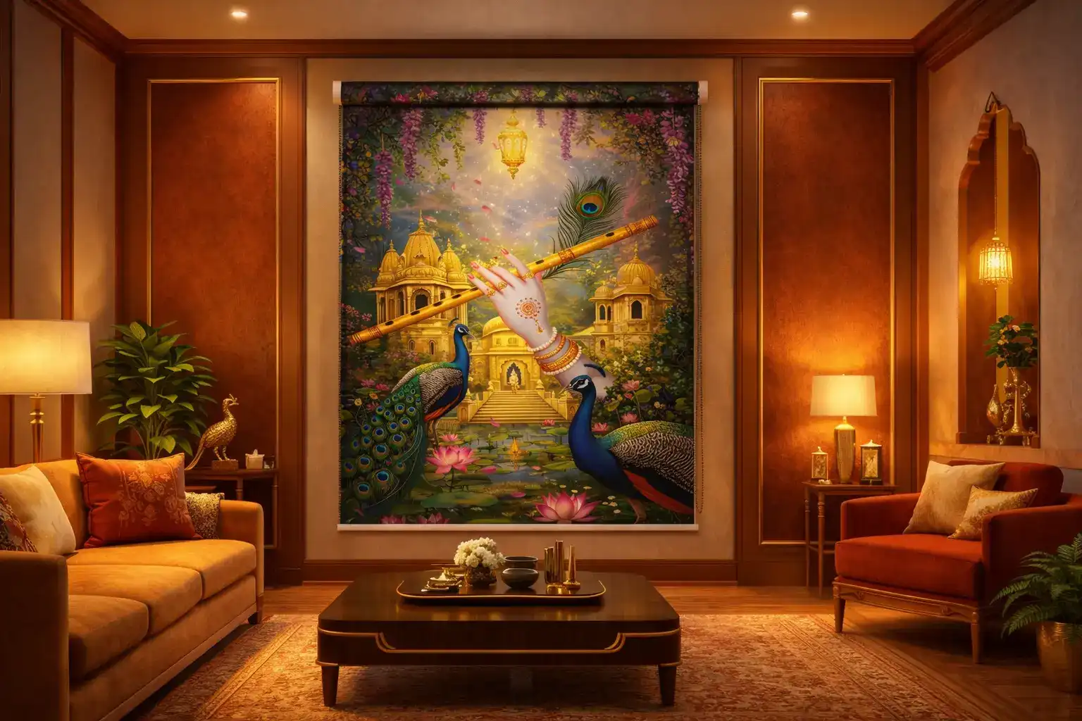 Divine Krishna Flute Palace Garden Design Roller Blind for Puja Room