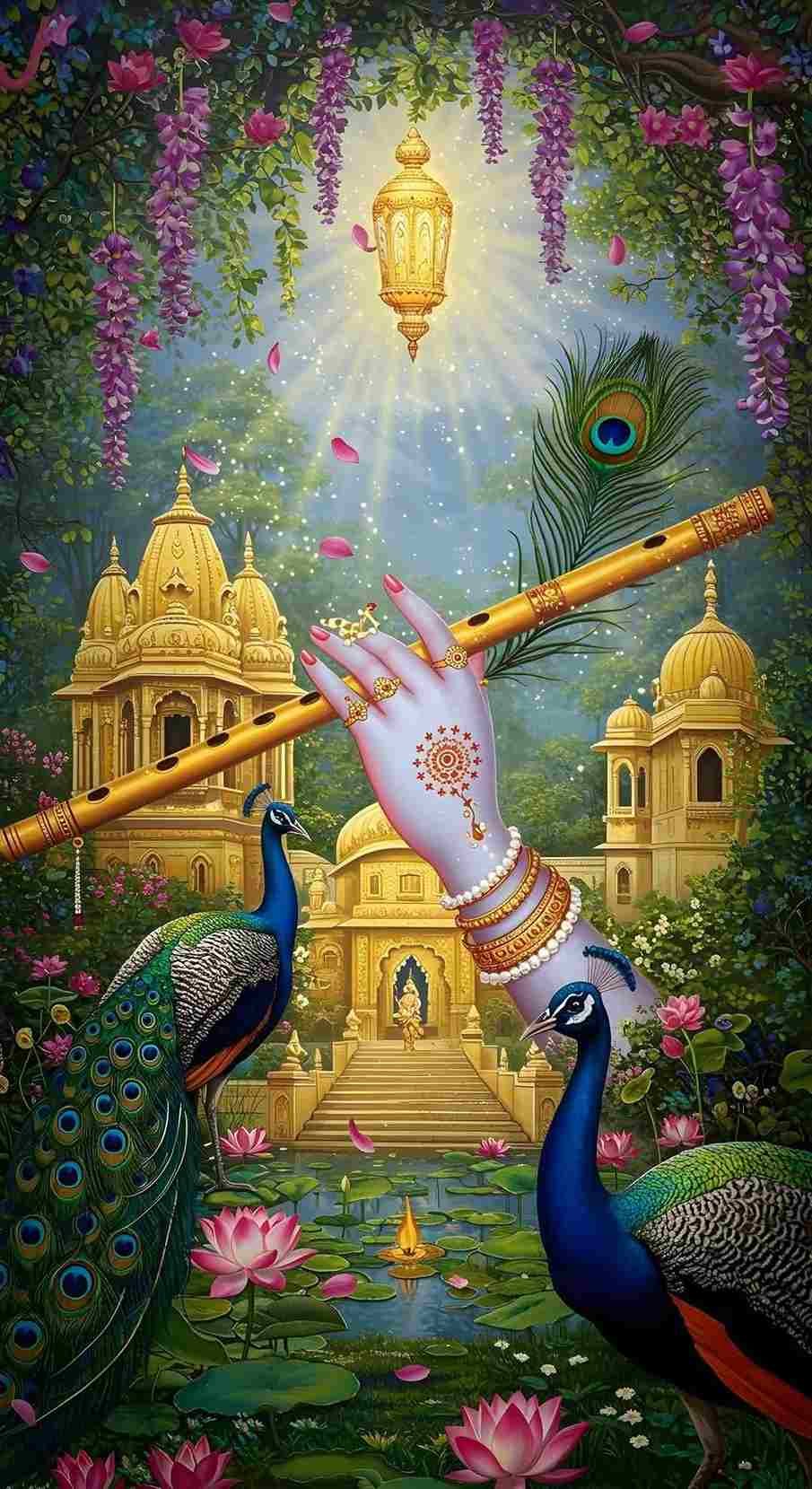 Divine Krishna Flute Palace Garden Design Roller Blind for Puja Room - Image 2