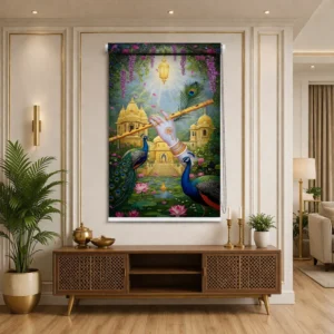 Divine Krishna Flute Palace Garden Design Roller Blind for Puja Room