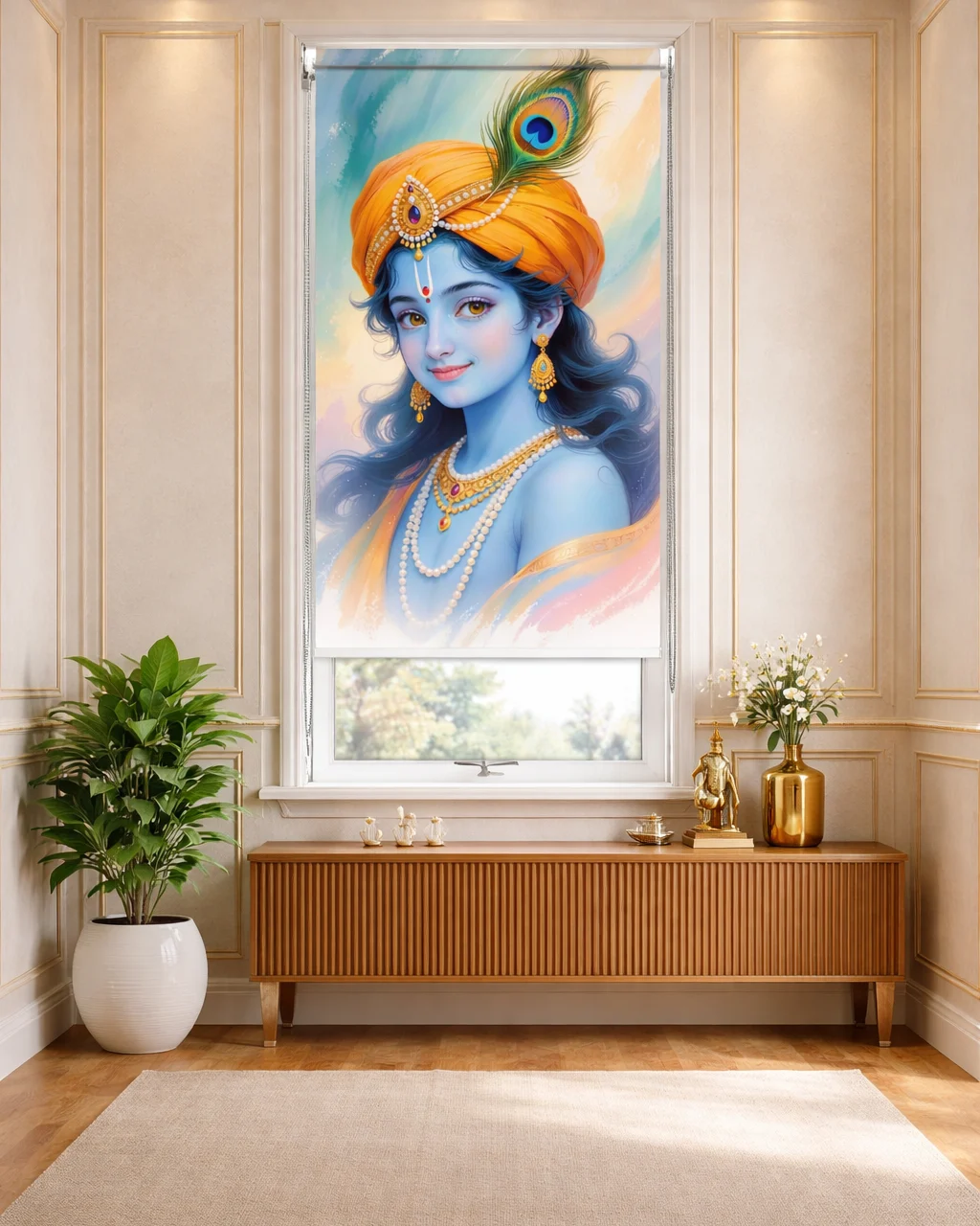 Divine Krishna Portrait 3D Printed Roller Blind with Peacock Feather 1 Divine Krishna Portrait Roller Blind with Peacock Feather