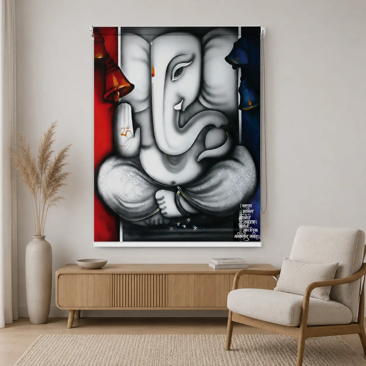 Divine Lord Ganesha Blessings Roller Blind with Temple Bells 1 Divine Lord Ganesha Blessings Temple Roller Blind with Temple Bells