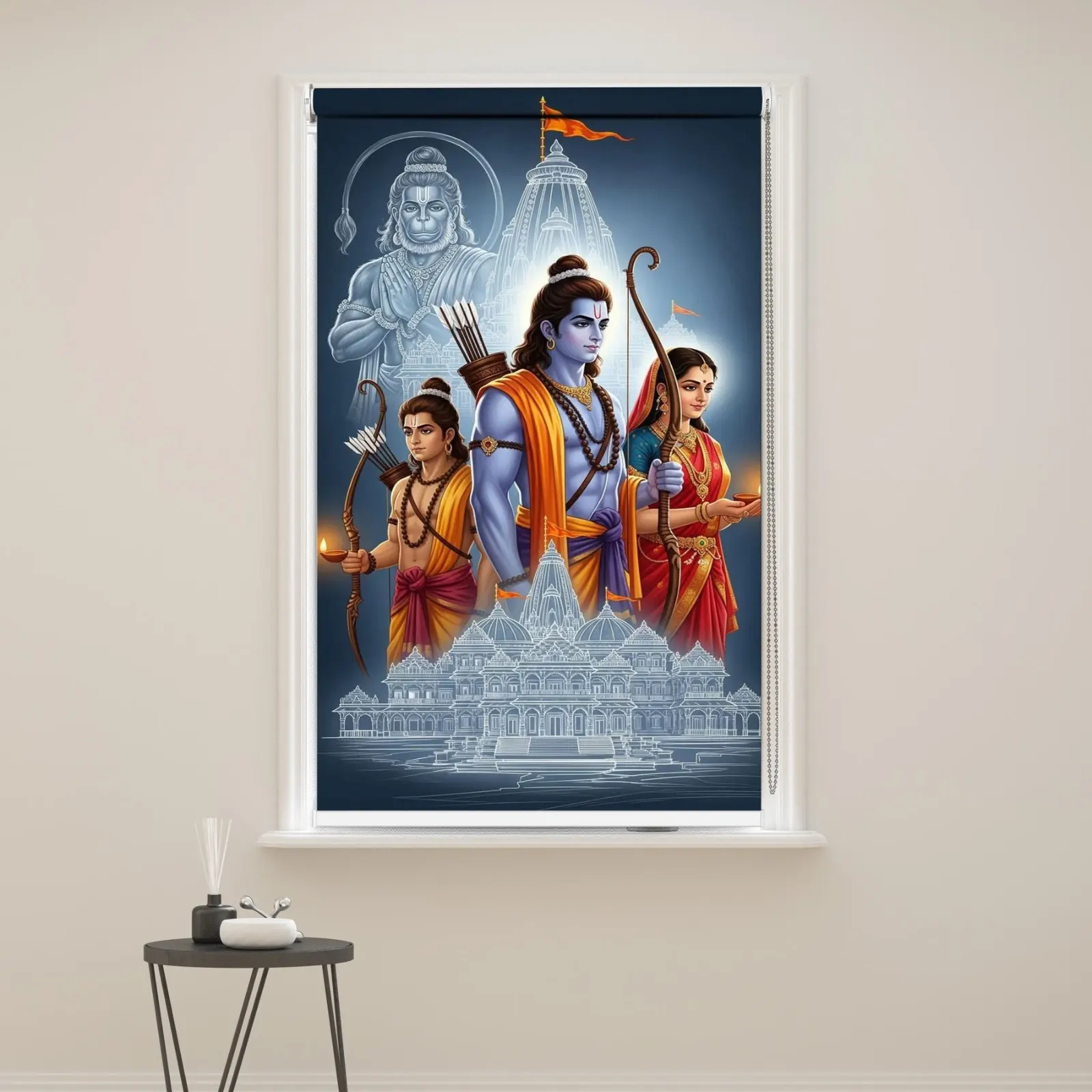 Divine Ram Darbar Pooja Room Roller Blind with Ayodhya Temple Illustration