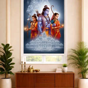 Divine Ram Darbar Pooja Room Roller Blinds with Ayodhya Temple Illustration