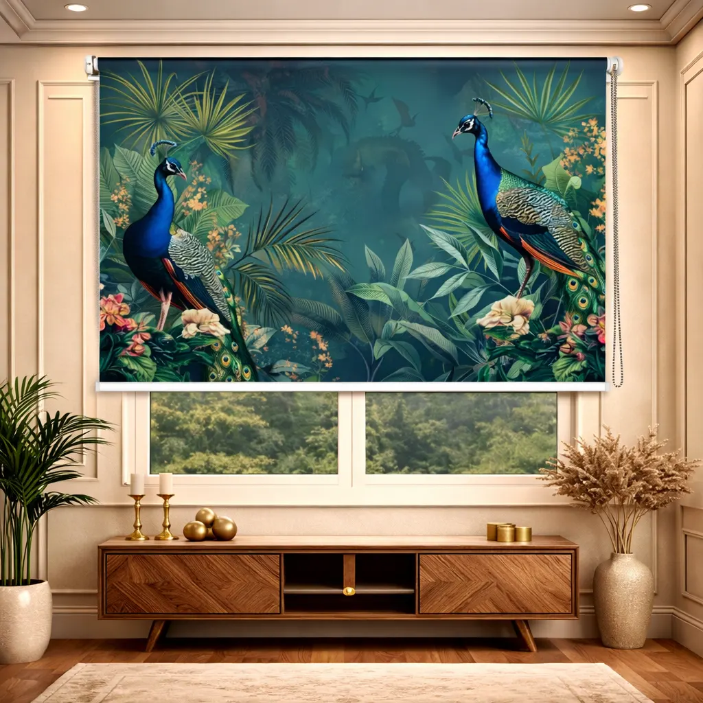 Enchanted Peacock Garden Tropical Botanical Art Roller Blind 1 Enchanted Peacock Garden Tropical Botanical Art Roller Blind