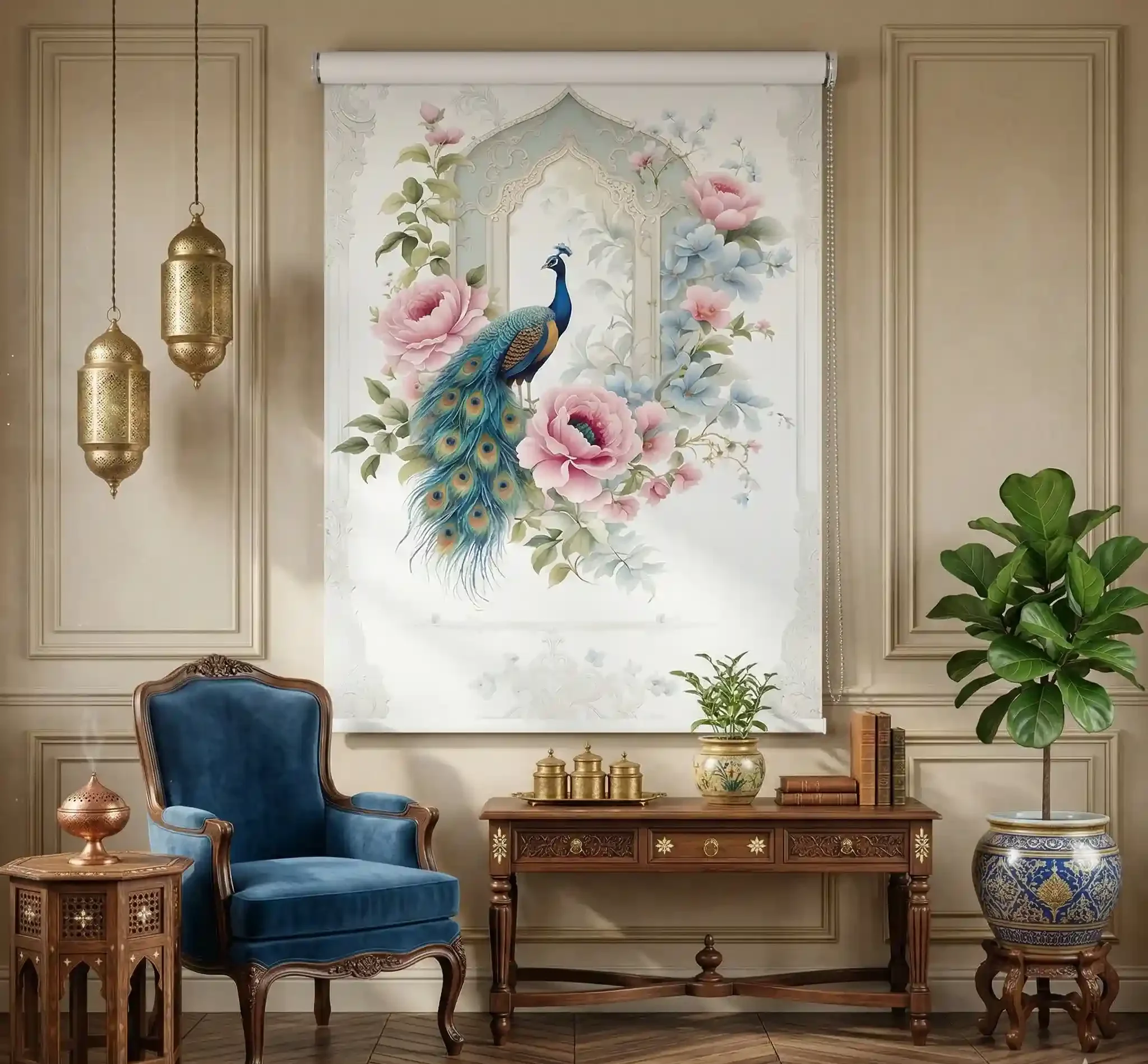 Ethereal Floral Peacock Archway Designer Printed Roller Blind